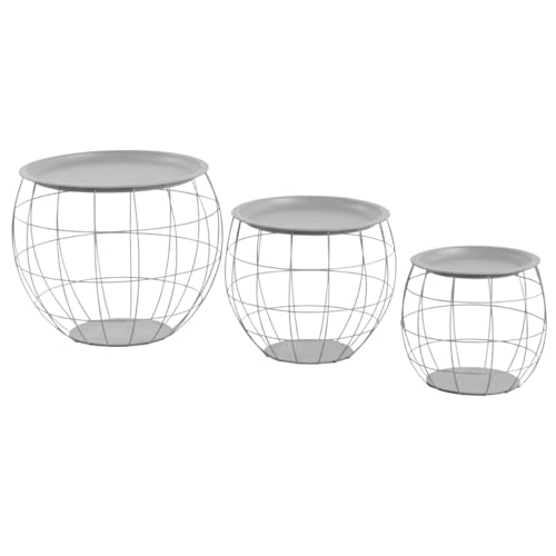 THINIA HOME - Kit 3 Mesitas de Centro Redondas Baloon, Metal/Hierro, Hogar, Salón, Comedor, Dormitorio, Recibidor, Cesta de Almacenaje, Tapa Extraíble, Diseño Industrial, Color Blanco, Negro o Gris