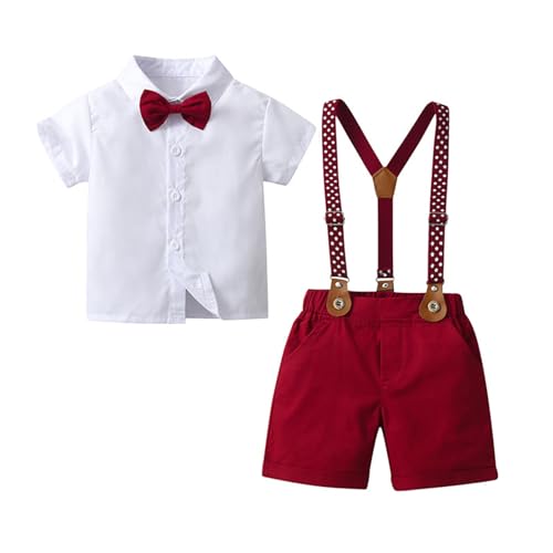Zukmuk Baby Boys 2pcs Gentiluomo Abiti Manica Lunga/Corta Camicia + Pantaloni Bretella Set di Vestiti Bambino, Suit Formali Bambini Ragazzi Abbigliamento Set (Bianco-Rosso Corto, 18-24 Months)