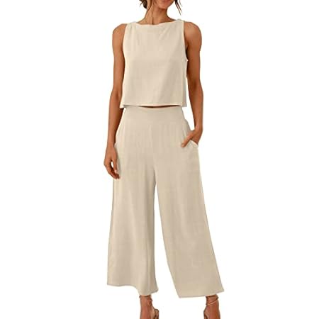 Zweiteiler Sommer Damen 2026 Elegant Hosenanzug Ärmello Crop Tank Top und Caprihose Sommer Outfit Set Modische Einfarbig Freizeitanzug Baumwolle Loungewear mit Taschen Weite Bein Hosenanzüge