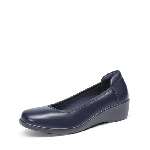 DREAM PAIRS Women's Low Wedges Heels Pumps Comfortable Slip-on Round Toe Dress Work Shoes for Office Business,Size 9,Navy,DWUMPU2551