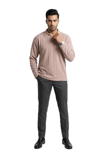Image of BEAR THREAD Men's Polo T-Shirt | Linear Jacquard Full Sleeve Textured Knit Polo | Smart Casual Collared Stretch Fabric Tee | Stylish Everyday Wear for Men