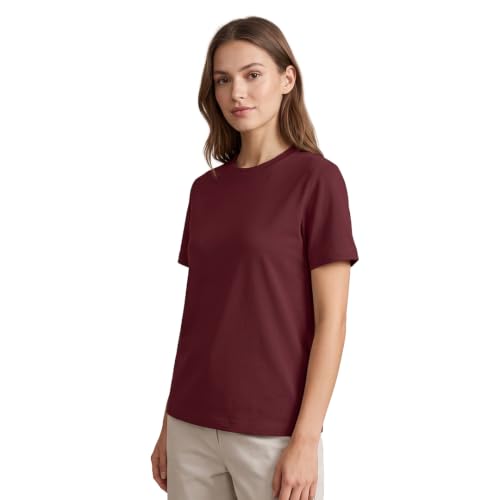 Image of NOBERO 100% Cotton T-Shirts for Women Stylish | Regular Fit | Solid T Shirts for Women 180 GSM Combed Cotton | Crew Neck Half Sleeve