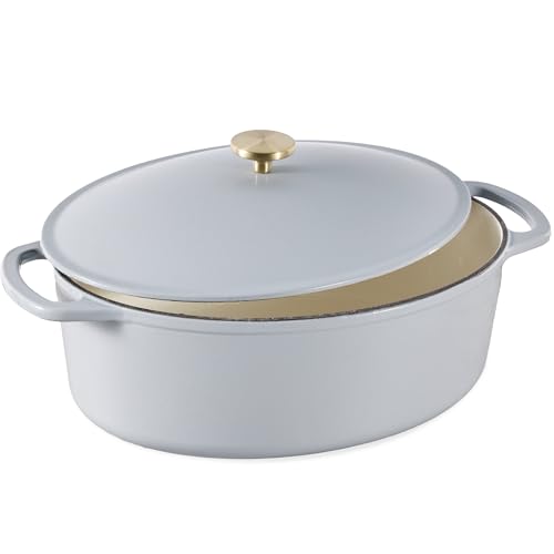 Best Choice Products Oval 7.5 Quart Enamel Cast-Iron Dutch Oven, Heavy-Duty Pre-Seasoned for Baking, Cooking w/Side Handles – French Gray