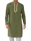 Runcati Mens Kaftan Thobe Button Down Casual Henley Shirts Long Sleeve Robe Cotton Linen Muslim Gown Shirt Army Green