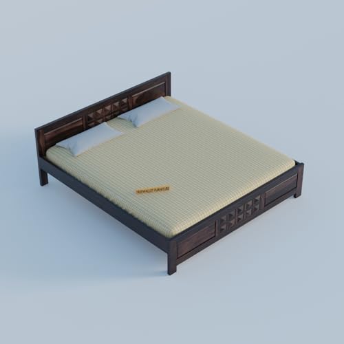 Image of Solid Sheesham Wood Queen Size Bed Without Storage | Double Bed Cot for Bedroom | Palang Double Bed for Hotels | Wooden Double cot for Living Room | Rosewood, Walnut Finish