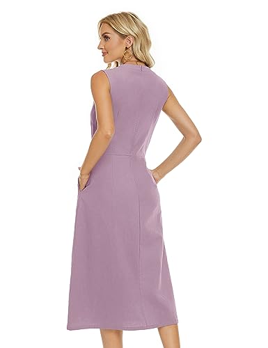 Image of Ladyful Women's Sleeveless Cotton Linen Midi Dress V Neck A Line Tank Dress