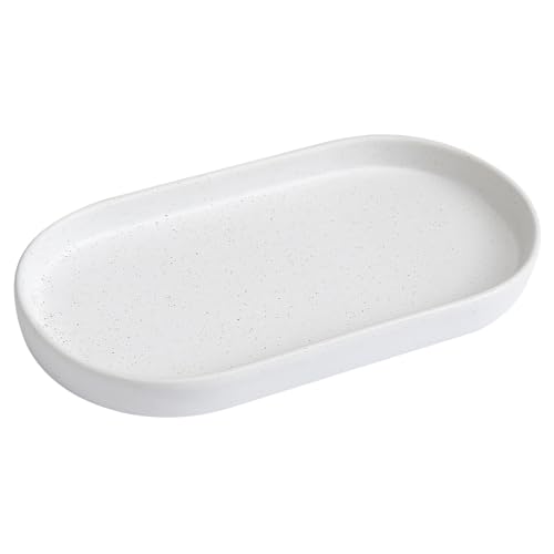 Eyrozia Speckled White Round Soap Dispenser Tray - 8'' Ceramic Vanity Tray for Bathroom Decorative, Jewelry Ring Dish, Comestic Holder, Kitchen Sink Countertop Organizer Plate