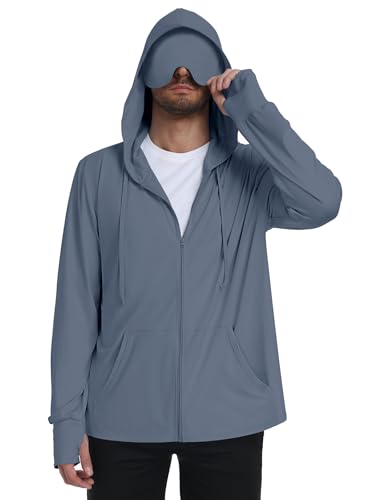 SeSe Code Men’s UPF 50+ Travel Hoodie with Eye Mask Lightweight Sun Protection Zip Jacket Outdoor & Golf Thumb Holes Pockets Slate Blue M