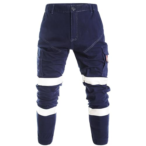 BIG BEE Elite Cargo Pants, Elastic Cuff Work Trousers, Stretch Cotton Navy Blue Reflective 30