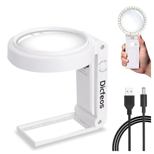 Dicfeos 30X 40X Magnifying Glass with Light and Stand, Folding Design 18 LED Illuminated Magnifying Glass for Close Work, Large Magnifying Glasses for Reading, Powered by Battery or USB(White)