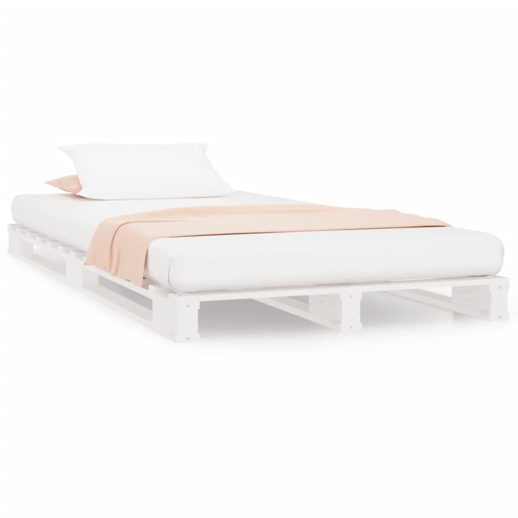 90x200 cm White Solid Pine Wood Pallet Bed Frame with Slats | Low-profile platform design fits standard single mattresses, ideal for kids, teens, or guest bedrooms.