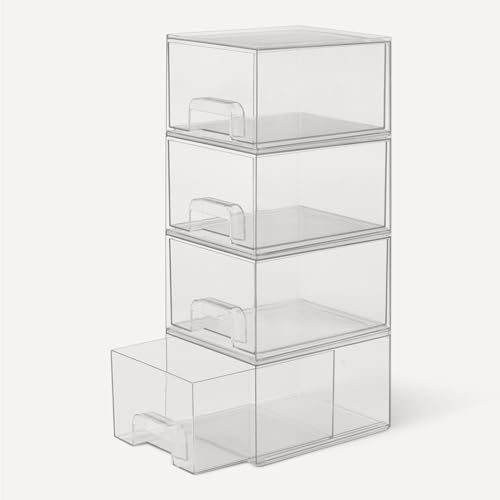 Image of Amazon Basics Stackable Plastic Storage Makeup Organizer Drawers, Clear, 7.5 inch x 6 inch x 4.5 inch, 4-Pack