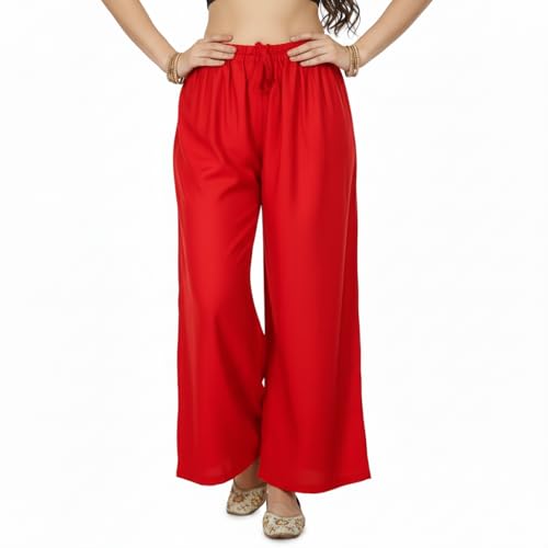 Image of Women's Rayon Palazzo Pants | Solid Color Wide Leg Trousers in 18 Shades | Elastic Waist Casual Bottoms XS-7XL | Comfortable