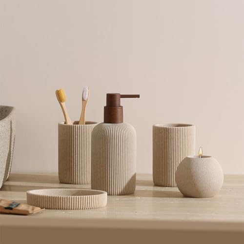 WUUAHOME Bathroom Accessories Set, 5 PCS Sandstone Look Stripe Modern Bath Organizer with Soap Dispenser, Toothbrush Holder, Tumbler, Soap Dish, Candle Holder for Countertop Kitchen Sink (Beige)