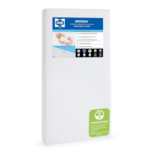 Sealy Baby Refresh Breathable 2 Stage Waterproof Crib Mattress Plus Toddler Bed Fit, Removable Knit Cover, GREENGUARD Gold Certified, Safety & Quality Tested, Made in USA, 52X28 -White by SEALY BABY - Used condition - US$83.99