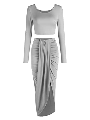 Zaful Women's Casual Long Sleeve Two Piece Dress Set Crewneck Crop Tops And Sexy Split Ruched Maxi Skirt Outfits Suiting (O-Light Grey,S) #TOP19
