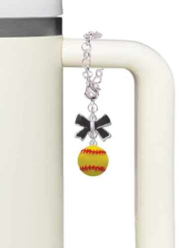 Delight Jewelry Silvertone Large Optic Yellow Softball - Black Bow Charm Accessory for Tumblers and Thermal Cups - Thumbnail 2