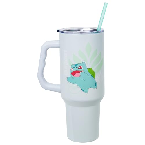 Image of Silver Buffalo Pokemon Featuring Bulbasaur Double Walled Stainless Steel Tumbler with Handle and Straw, Fits in Standard Cup Holder, 40 Ounces