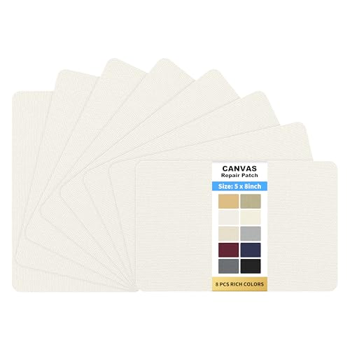 KING MOUNTAIN Canvas Repair Patch 5×8 Inch 8 Pcs Self-Adhesive Waterproof Fabric Patch for Sofas, Tents, Furniture,Tote Bags, Car Seats (Off White)