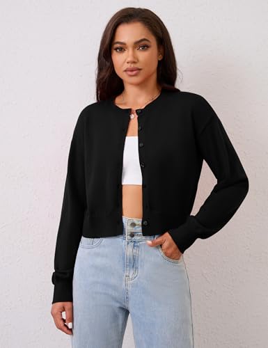 Image of MISSACTIVER Women's Button Down Cropped Cardigan Sweater Solid Open Front Long Sleeve Crewneck knitted Fall Cardigans Jacket Black, Small