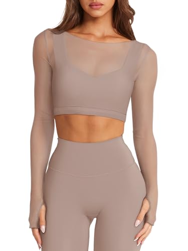 LASLULU Womens Long Sleeve Workout Tops with Built in Bra Sheer Mesh See Through Crop Tops Cropped T Shirts Sexy Exercise Pilates Fall Outfits 2025(Sienna,Medium)