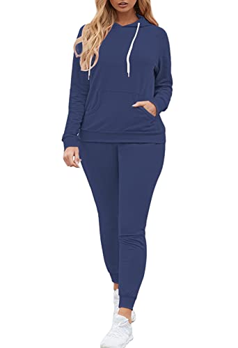 Fixmatti Women Hoodie Sweatsuit Long Sleeve Sport Tracksuit Sweatpants Jogger Set Navy Blue L
