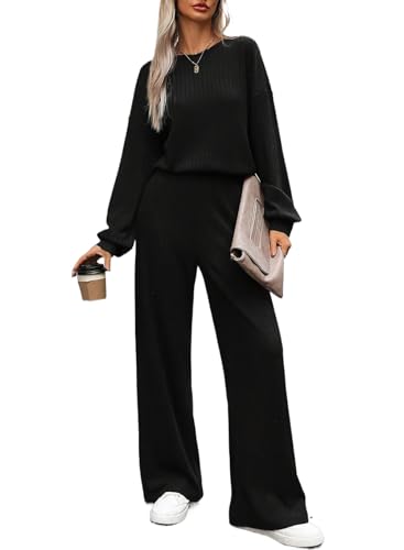 Happy Sailed Black Jumpsuit For Women Casual Long Sleeve Long Pants Romper Stretchy Knit Crewneck Elastic Waist One Piece Jumpsuits Fashion Fall Black Medium cover