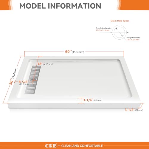CKB 60 in. L x 36 in. W Shower Base Including Polished 304 Stainless Steel Linear Drain Cover. Acrylic Shower Pan with 3 Detachable Aluminium Flanges, Left Drain or Right Drain, White - Thumbnail 2