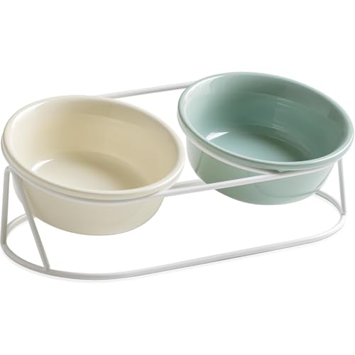 Diggly 陶器 猫 食器2個セット 15度の傾斜 金属スタンド付き 頸椎を保護 ペット用皿 小型犬 水飲み皿・餌入れ両用 食洗機対応 (B,15CM/600ML)