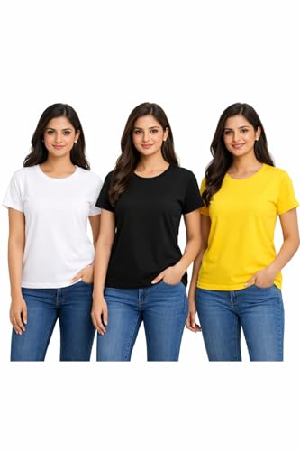Image of Hangout Hub HH95 Tshirt for Womens | Regular Fit | Super Combed Cotton Women T-Shirt | Solid Plain Tees | Round Neck T Shirt | Half | Pack of 2 | 3 | 4 | 5 | 6