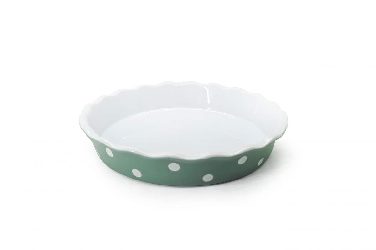 Isabelle Rose - IR5527 - Tarte/Quiche Form - Keramik - Sage/Salbei Grün mit weißen Punkte - Polka Dot