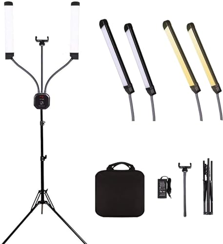 GSKAIWEN Kit di Luci LED a Doppio Braccio da 50w, Dimmerabile 3000-6500k per Trucco, Ciglia, Tatuaggi di Sopracciglia, Bellezza, Fotografia Video in Studio, Live Streaming, con Treppiede e Borsa