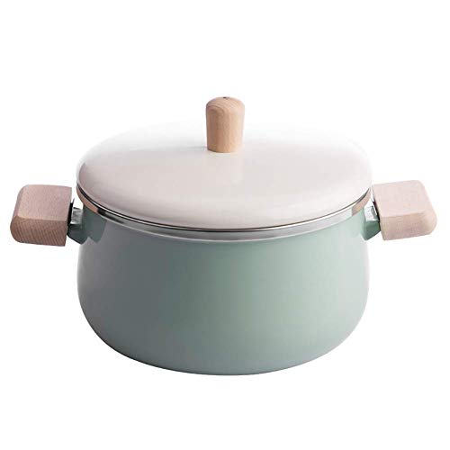 YWYW Enamel Pot with Wooden Handle, Round Pot for Baby Food Supplement Green Pot 3.38Quart Pot