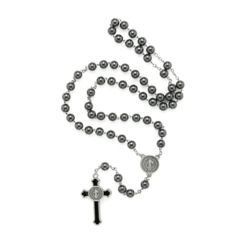Terço Hematita 8mm Inox Cruz Medalha São Bento PV/PRETA
