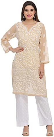 Ada Hand Embroidered Indian Chikankari Women's Georgette Kurti Kurta with Slip A90352,5XL, Fawn