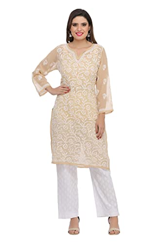 Ada Hand Embroidered Indian Chikankari Women's Georgette Kurti Kurta With Slip A90352,5Xl, Fawn #TOP3
