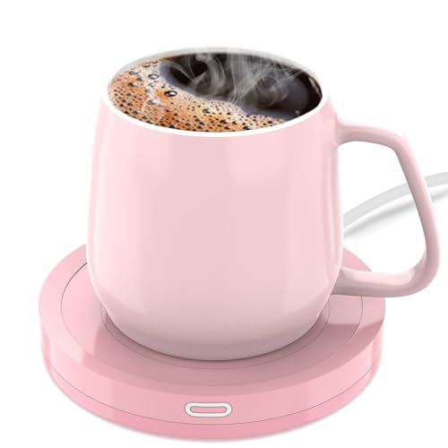 Smart Beverage Warmer Set:Beverage Warmer Auto On/Off Gravity-Induction For Office Home Desk,Candle Wax Warmer Heating Plate(131℉/55℃),14oz(Pink Set)
