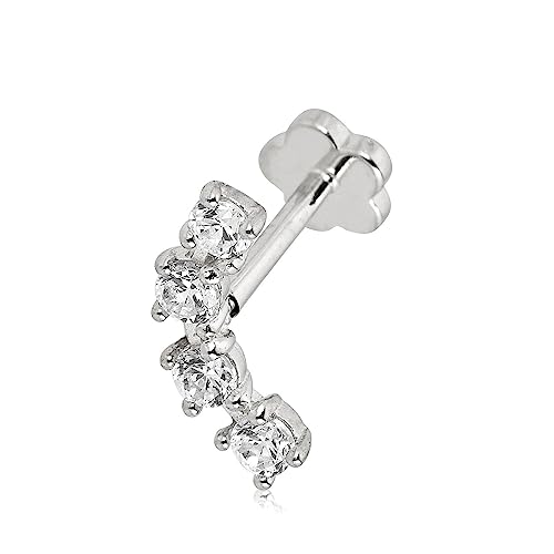 Image of AVORA 14K Gold 4 stone Simulated Diamond CZ Curved Bar Cartilage Piercing Flat Back Earring Body Jewelry (18 Gauge)