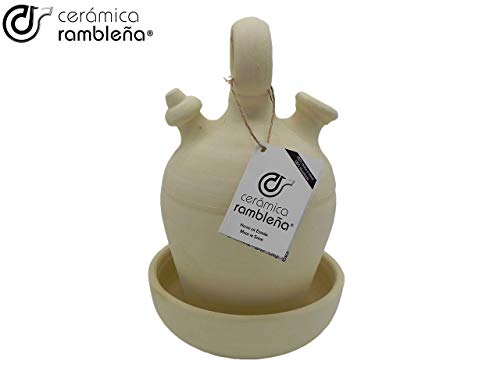 CERÁMICA RAMBLEÑA | Botijo de Barro asa Redonda Base Fina de La Rambla (Córdoba) | 100% Hecho a Mano | 2.75 litros | Eco | Plato Incluido