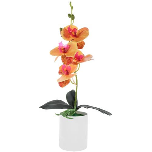 Warmhm Artificial Orange Orchid in Pot - Realistic Faux Orchid Flowers for Home Decor - Table Centerpiece Office or Party Decoration Vibrant Orange Potted Plant Arrangement