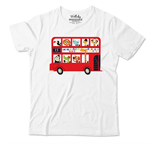 Image of Boys & Girls Cute Animals on The Red Double Decker London Bus Transport Theme 100% Cotton Unisex Kids T-Shirt