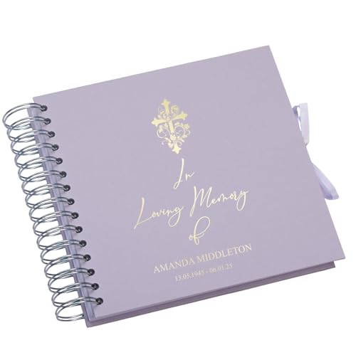 Personalised In Loving Memory Book, Spiral Bound Memorial Album, Customisable Memory Keepsake for Funeral Services With Cross (Lilac)