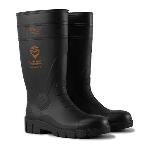 SUREWAY Steel Toe Rain Boots for Men, Knee High Waterproof Rubber Work Boots with Slip & Oil Resistant Outsole for Industrial, Construction, Agriculture Black