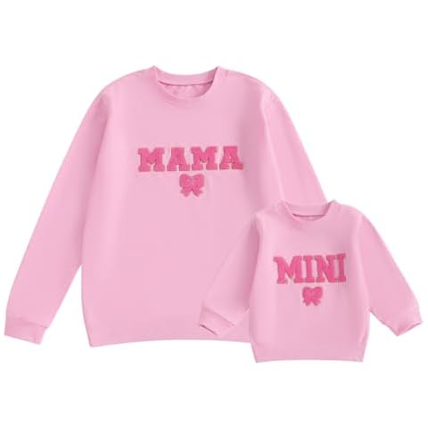 Karwuiio Mommy and Me Fall Outfits Mama and Mini Sweatshirts Family Matching Outfits Letter Print Pullover Sweatshirt Tops (Women, L, Pink Bow) Cover