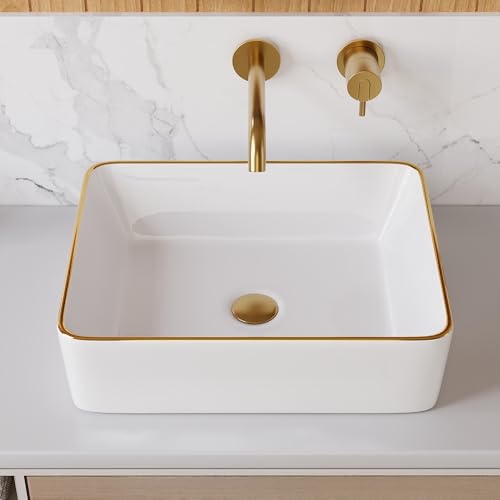 DeerValley 19x15 Inch Rectangular Vessel Sink, White Ceramic Bathroom Sink with Gold Trim, Above Counter Modern Basin, DV-1V0365
