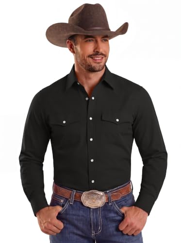 COOFANDY Mens Western Cowboy Shirt Long Sleeve Shirt with Pockets,Black，2XL