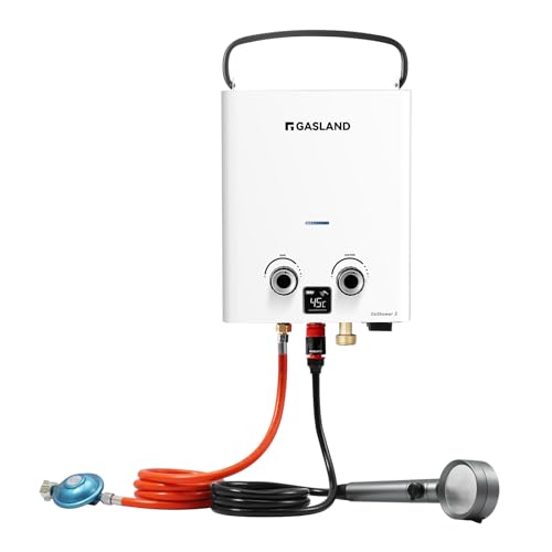 GASLAND Go Shower G5-DE Gas-Durchlauferhitzer, Propan/Butan (50mbar) Warmwasserbereiter für den Außenbereich mit Schnellanschluss-Duschkit, Warmwasserduschen für Camping