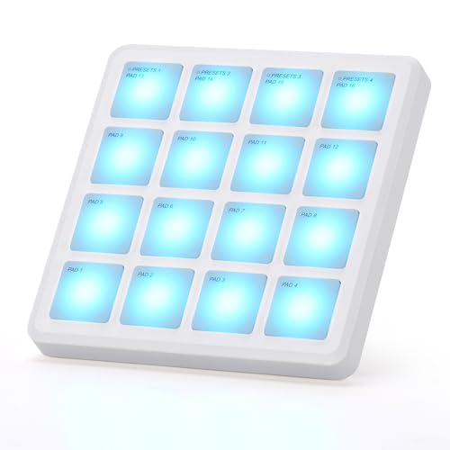 Image of M-VAVE Wireless MIDI Controller Pads, 4.1 * 4.1 Inch, 0.28 LBS, Bluetooth Portable USB with 16 Drum, Note Repeat, Full Level Buttons, Rechargeable battery (White Pocket)