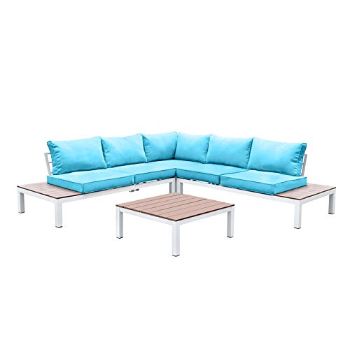 Furniture of America Chentelli Aluminum Patio Sectional with Ottoman in Blue