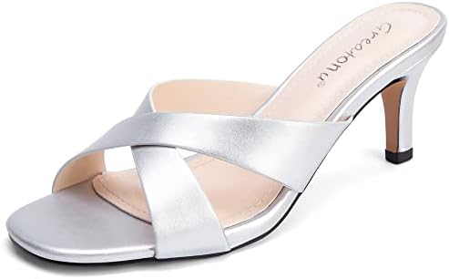 Greatonu Women's Heeled Sandals Women Square Toe Slip On Cross Strap Slide Mules Heels Low Kitten Heeled sandals Size 8 Silver